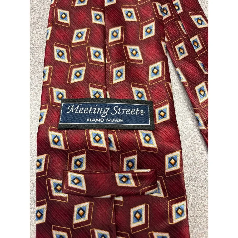 Meeting Street Handmade 100% Silk Maroon Geometric Tie